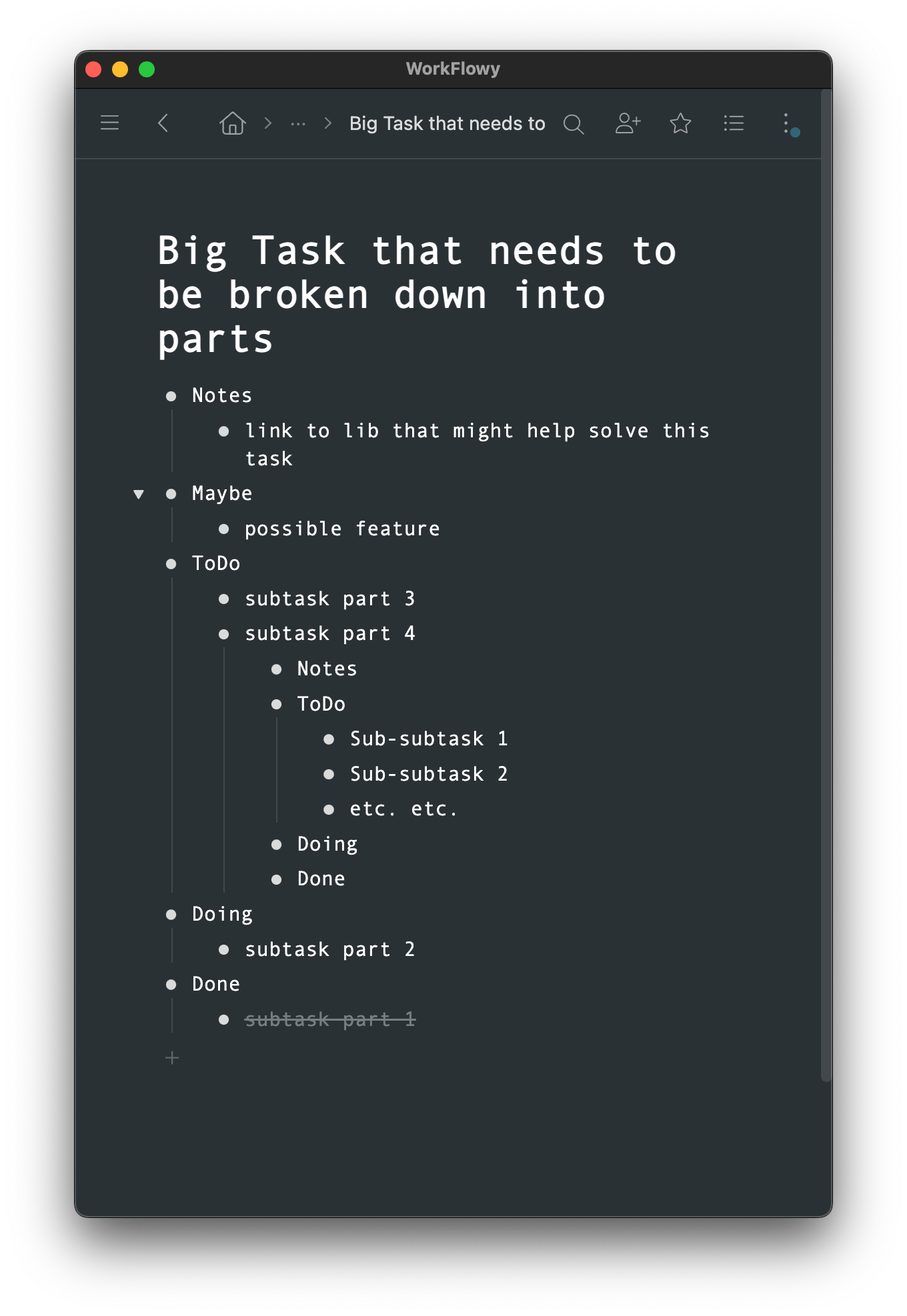 screenshot of workflowy with a nested Kanban structure