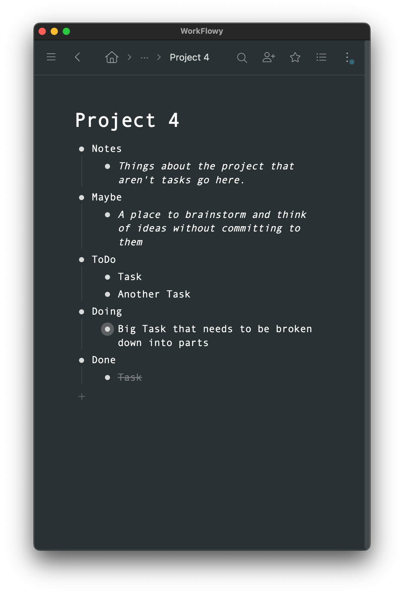 screenshot of workflowy with a nested Kanban structure
